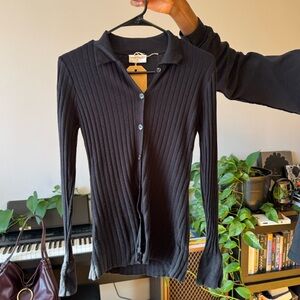 Black Ribbed Button-Up Women's Top